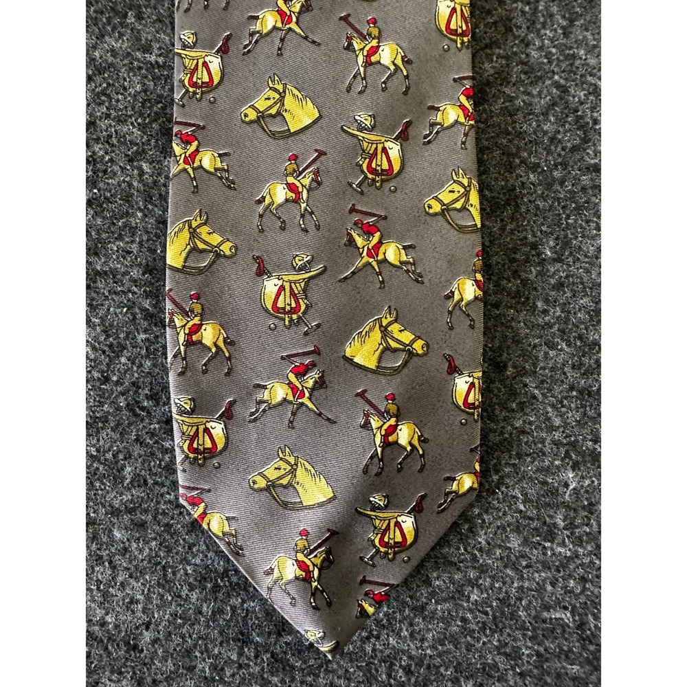 Houston Hand Made Mens Grey Silk Polo Equestrian Horse Print Necktie Classic Tie